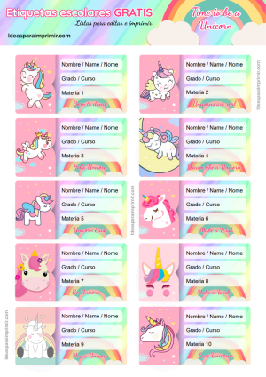 Etiquetas Escolares Unicornios Editables Para